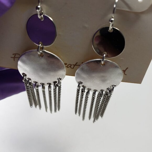 Erica Lyons Silver tone Hammered Round Disc Fringe Drop Dangle Earrings - Picture 5 of 5